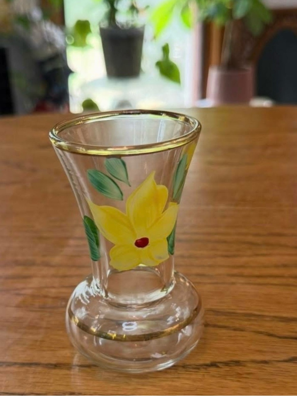 Vintage Hand-Painted Glass Bud Vase with Yellow Floral Motif